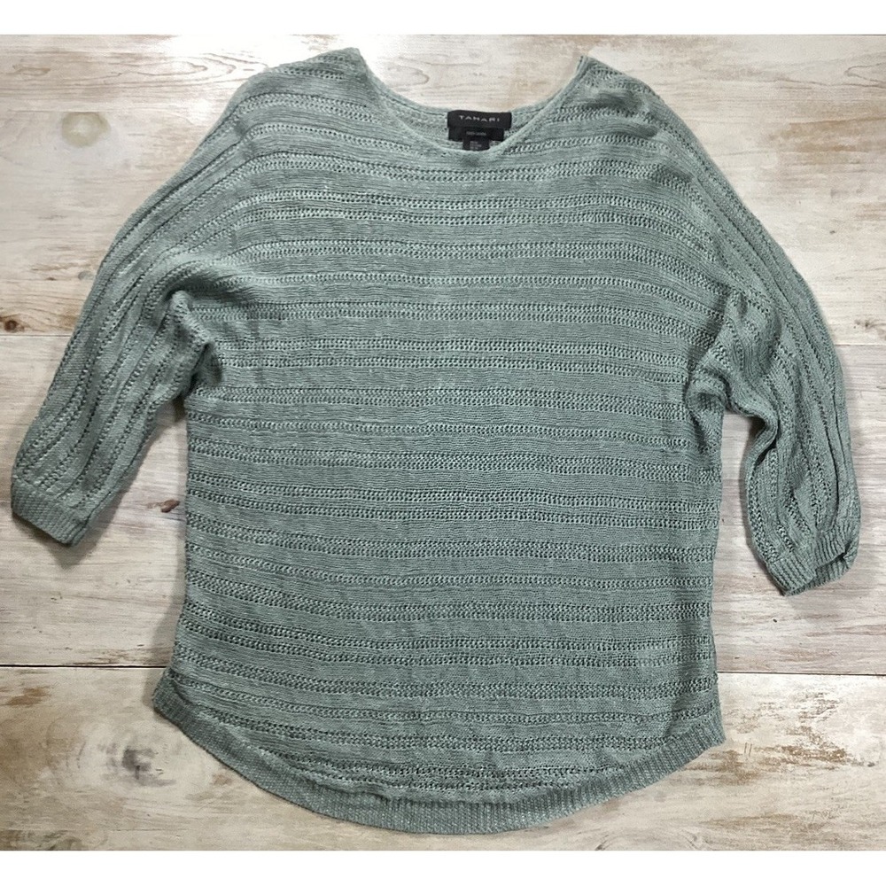 Sage Green Knit Linen 3/4 Sleeve Top Womens Medium Boho Minimalist Lagenlook
